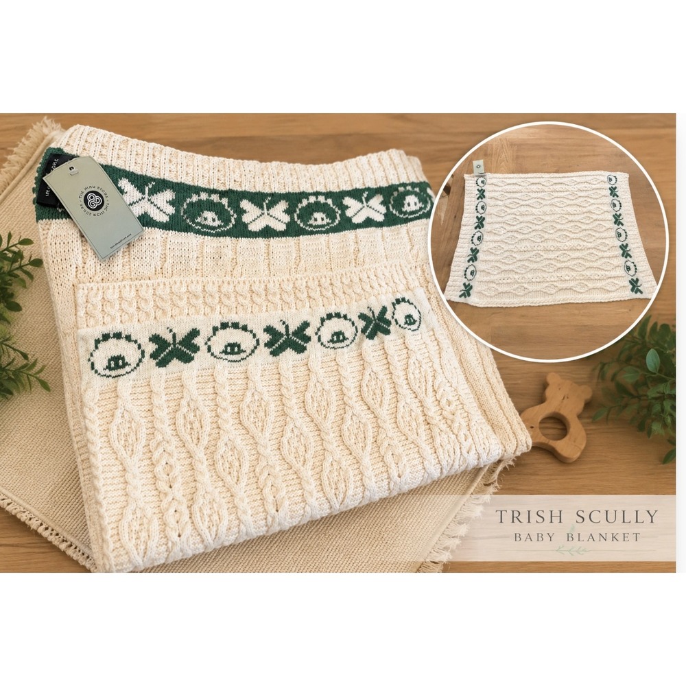 The Irish Store Aran Baby Blanket Merino Wool Cream Green Sheep Shamrock Ireland